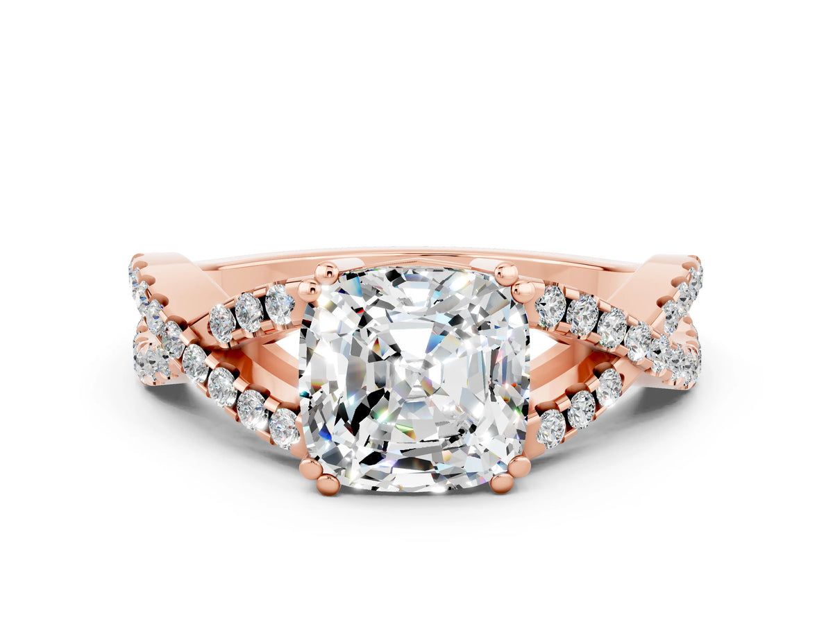 Cushion Cut Moissanite Solitaire Ring in Rose gold with Interwoven Pavé Band and Prong Setting