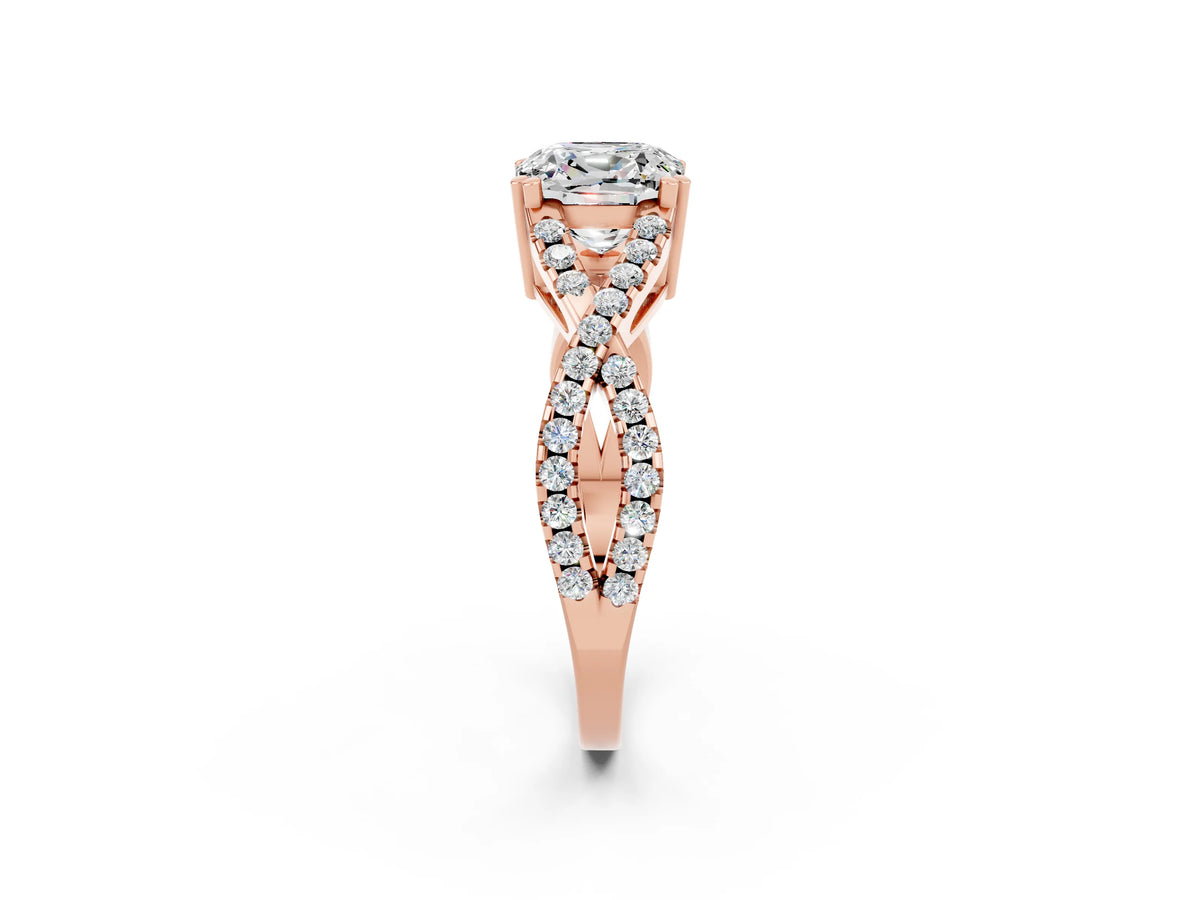 Cushion Cut Moissanite Solitaire Ring in Rose gold with Interwoven Pavé Band and Prong Setting_2