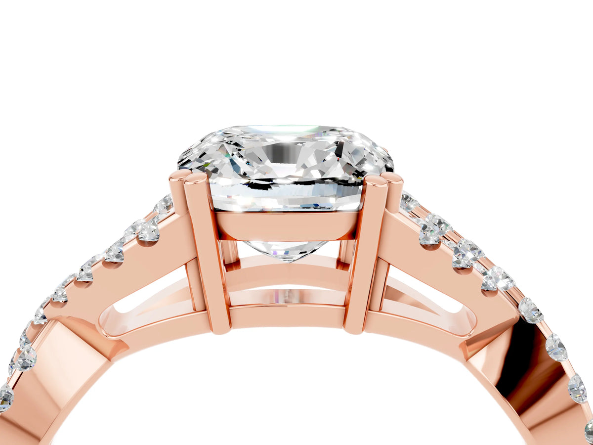 Cushion Cut Moissanite Solitaire Ring in Rose gold with Interwoven Pavé Band and Prong Setting_4