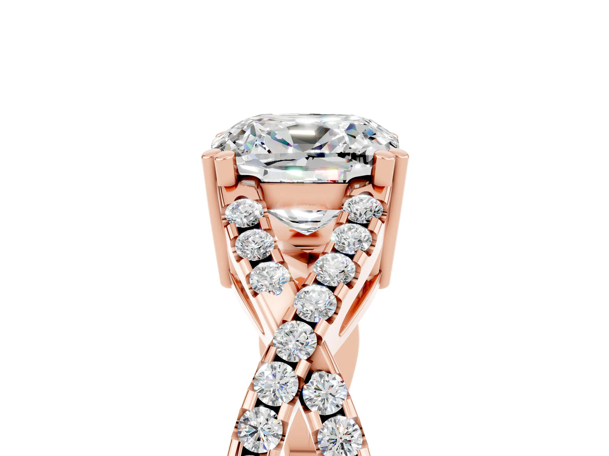 Cushion Cut Moissanite Solitaire Ring in Rose gold with Interwoven Pavé Band and Prong Setting_5