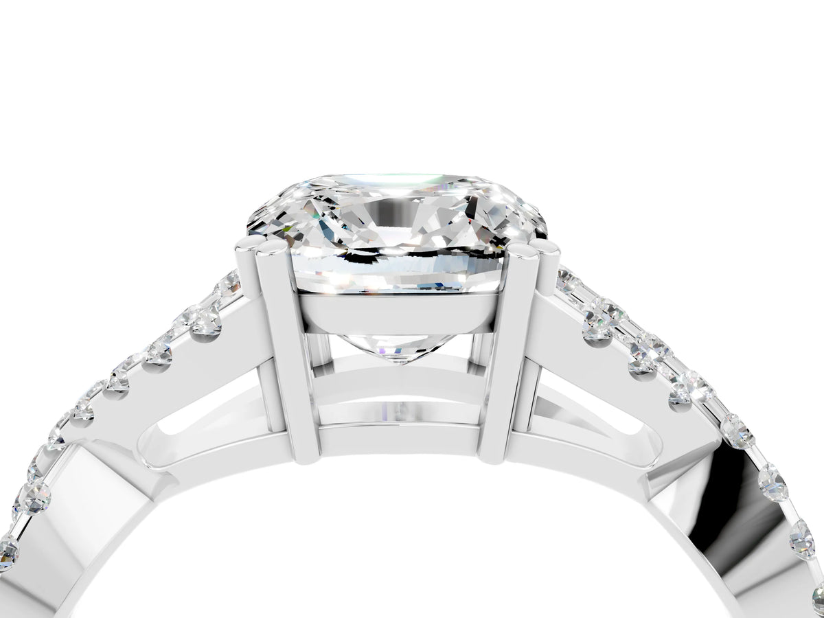 Cushion Cut Moissanite Solitaire Ring in Silver with Interwoven Pavé Band and Prong Setting_10
