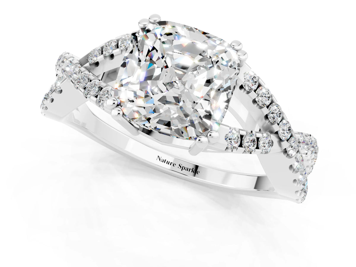 Cushion Cut Moissanite Solitaire Ring in Silver with Interwoven Pavé Band and Prong Setting_7