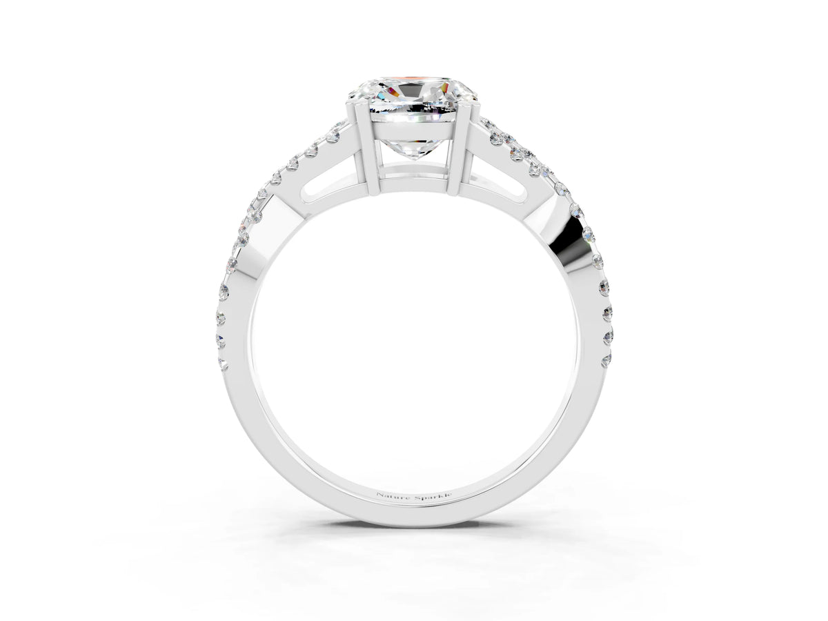 Cushion Cut Moissanite Solitaire Ring in Silver with Interwoven Pavé Band and Prong Setting_9