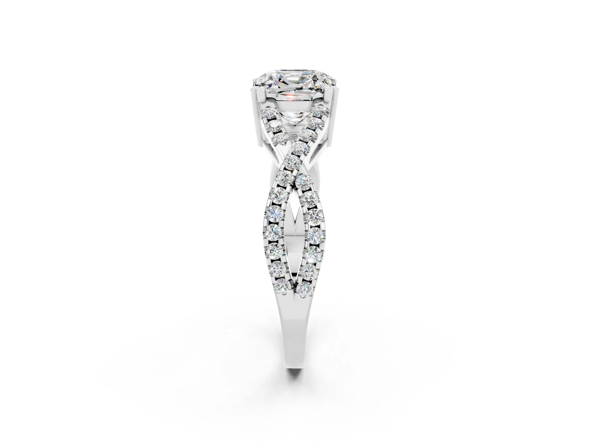 Cushion Cut Moissanite Solitaire Ring in White gold with Interwoven Pavé Band and Prong Setting_2