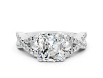 Cushion Cut Moissanite Solitaire Ring in White gold with Interwoven Pavé Band and Prong Setting