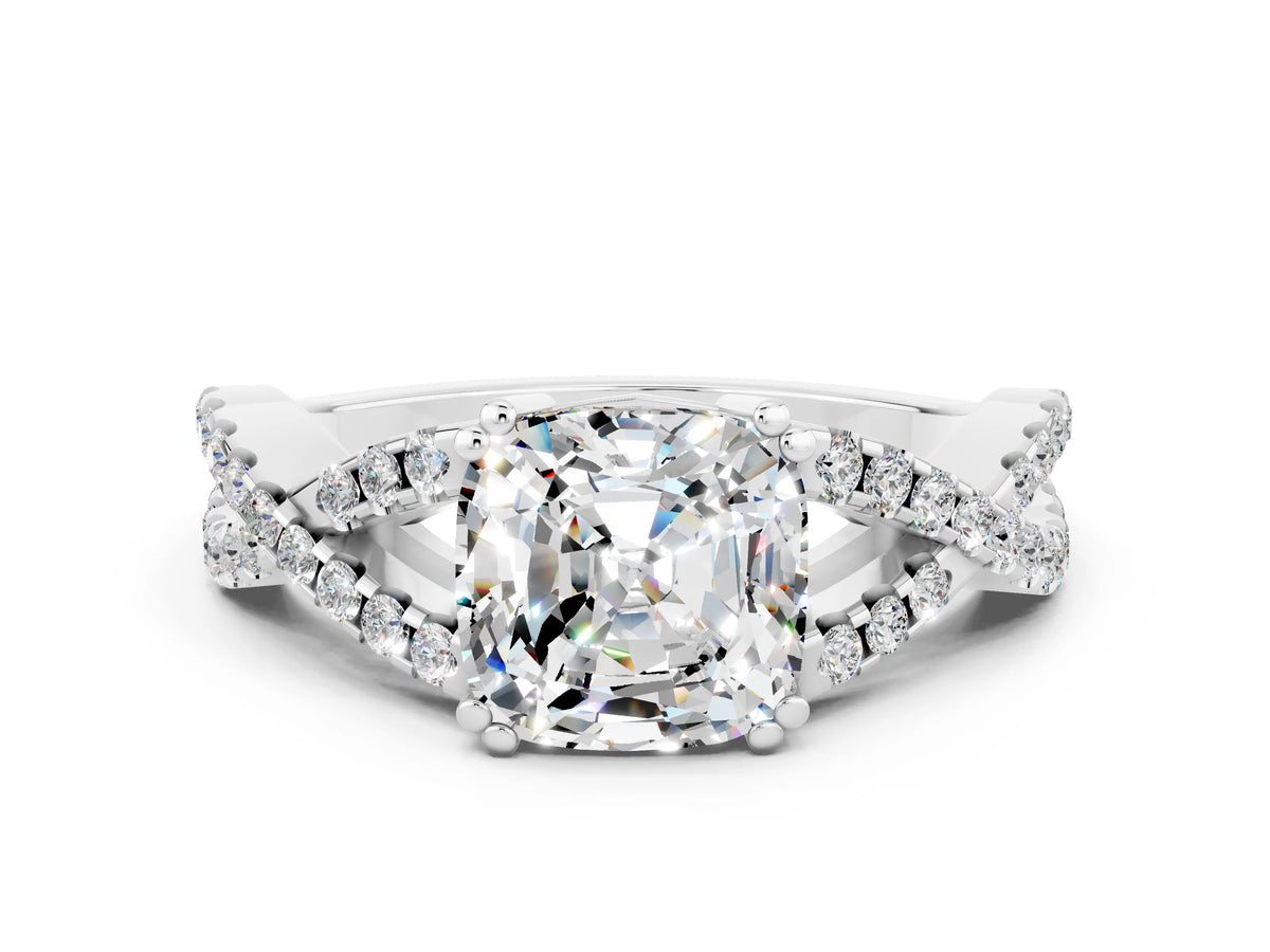 Cushion Cut Moissanite Solitaire Ring in White gold with Interwoven Pavé Band and Prong Setting