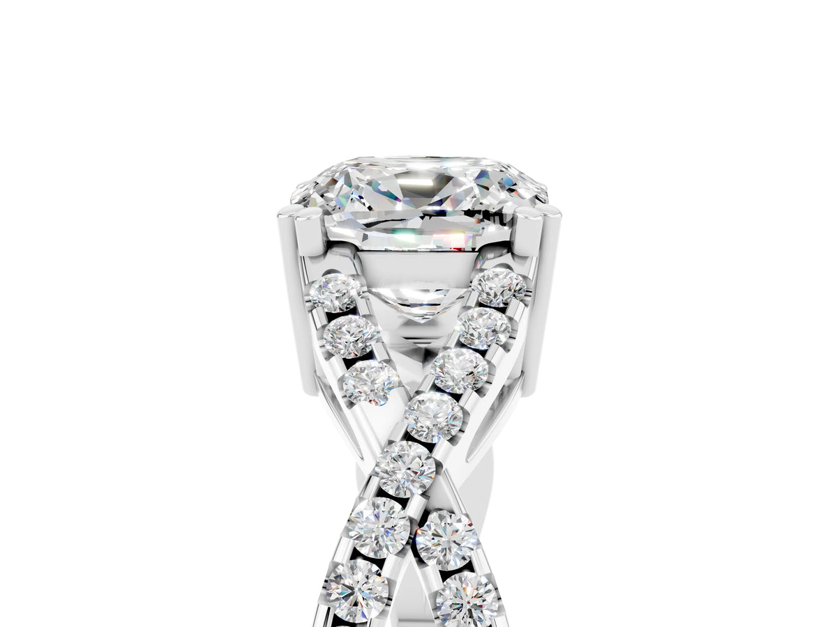 Cushion Cut Moissanite Solitaire Ring in White gold with Interwoven Pavé Band and Prong Setting_5