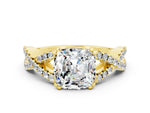 Cushion Cut Moissanite Solitaire Ring in Yellow gold with Interwoven Pavé Band and Prong Setting