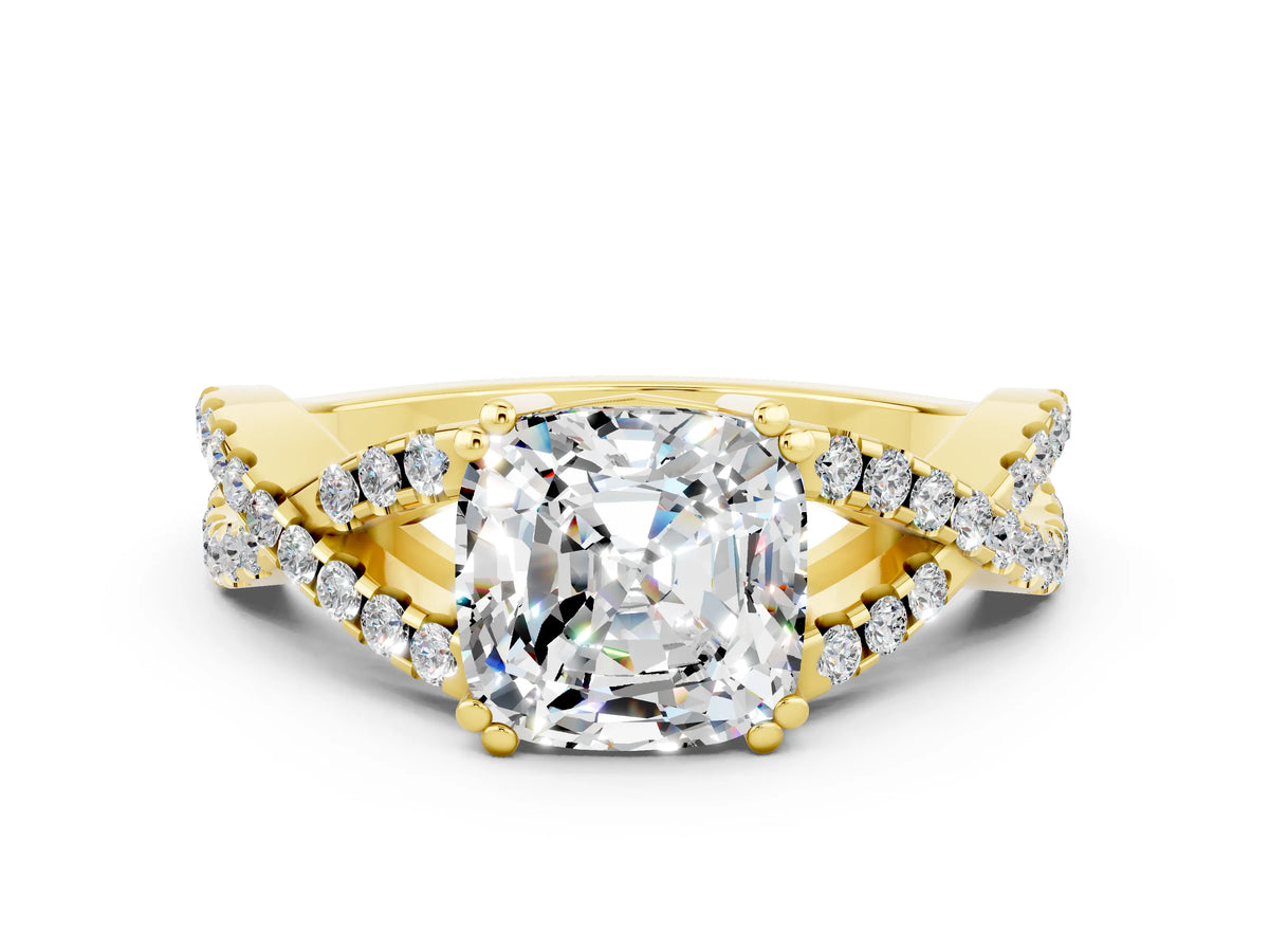Cushion Cut Moissanite Solitaire Ring in Yellow gold with Interwoven Pavé Band and Prong Setting