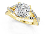 Cushion Cut Moissanite Solitaire Ring in Yellow gold with Interwoven Pavé Band and Prong Setting_1