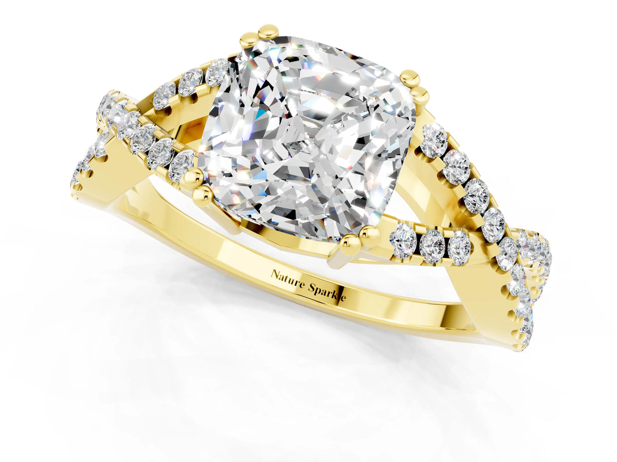 Cushion Cut Moissanite Solitaire Ring in Yellow gold with Interwoven Pavé Band and Prong Setting_1