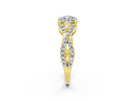 Cushion Cut Moissanite Solitaire Ring in Yellow gold with Interwoven Pavé Band and Prong Setting_2