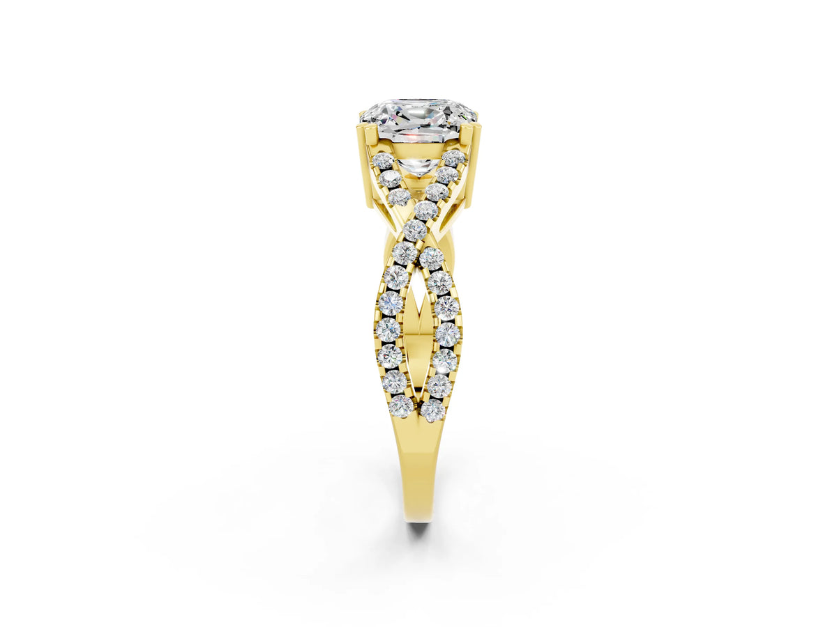 Cushion Cut Moissanite Solitaire Ring in Yellow gold with Interwoven Pavé Band and Prong Setting_2