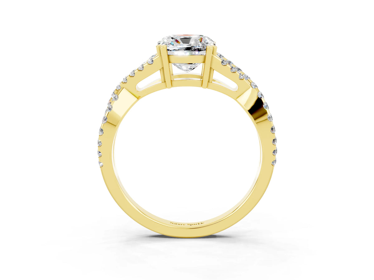 Cushion Cut Moissanite Solitaire Ring in Yellow gold with Interwoven Pavé Band and Prong Setting_3
