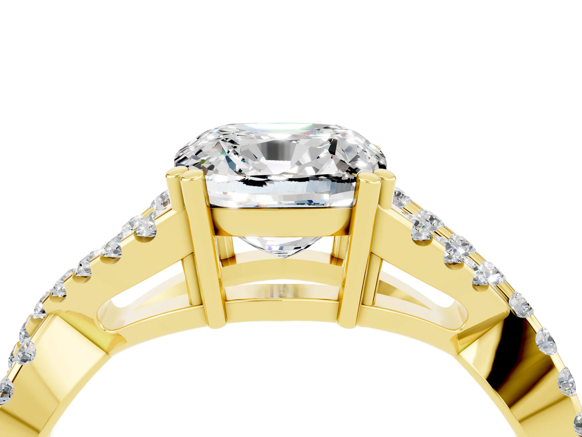 Cushion Cut Moissanite Solitaire Ring in Yellow gold with Interwoven Pavé Band and Prong Setting_4