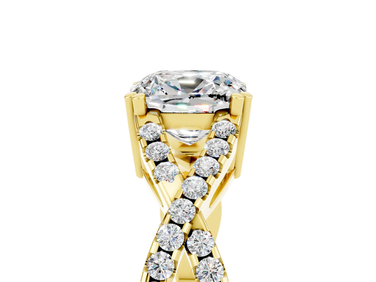 Cushion Cut Moissanite Solitaire Ring in Yellow gold with Interwoven Pavé Band and Prong Setting_5