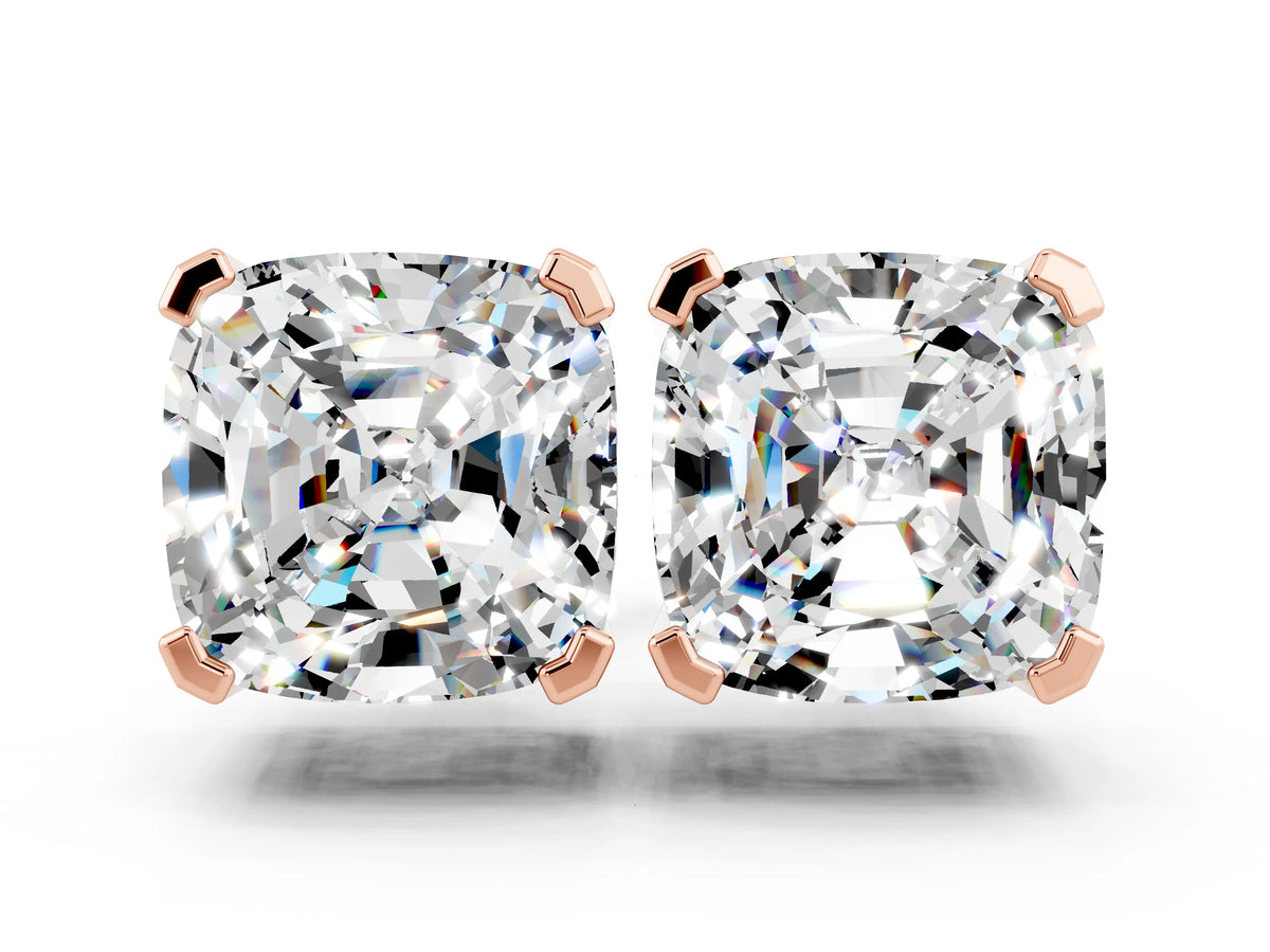 Cushion Cut Moissanite Stud Earrings in Rose gold with Basket Setting
