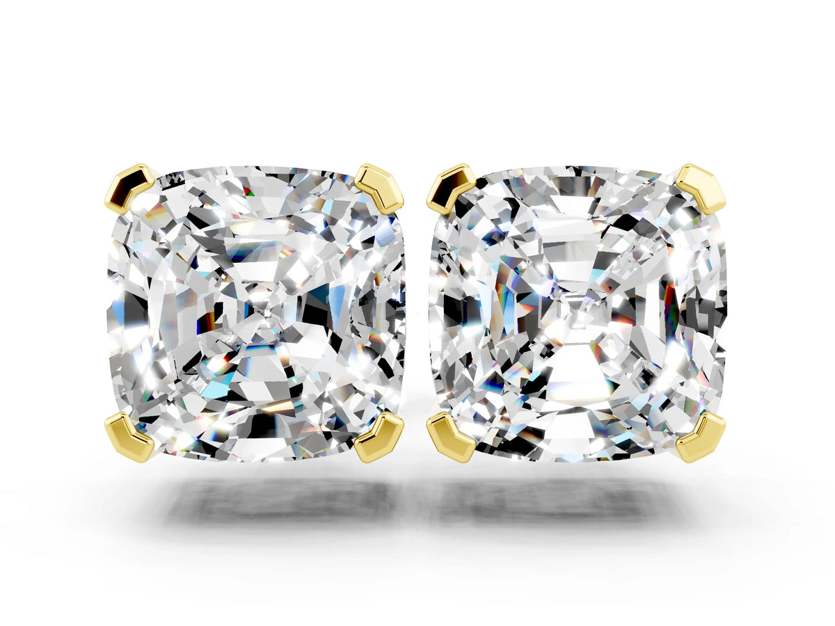 Cushion Cut Moissanite Stud Earrings in Yellow gold with Basket Setting