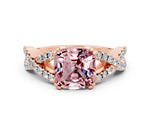 Cushion Cut Morganite Solitaire Ring in Rose gold with Interwoven Pavé Band and Prong Setting
