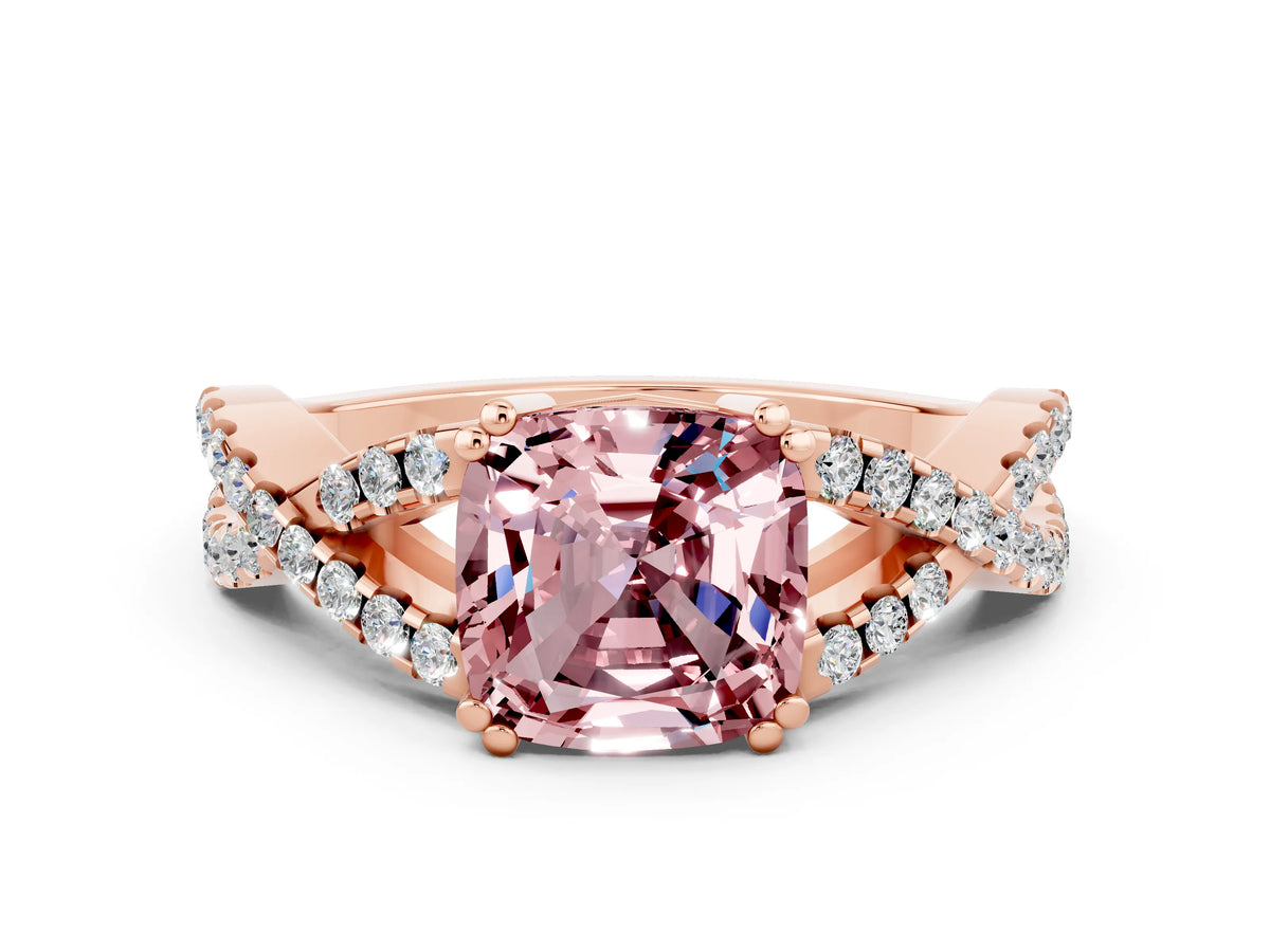 Cushion Cut Morganite Solitaire Ring in Rose gold with Interwoven Pavé Band and Prong Setting