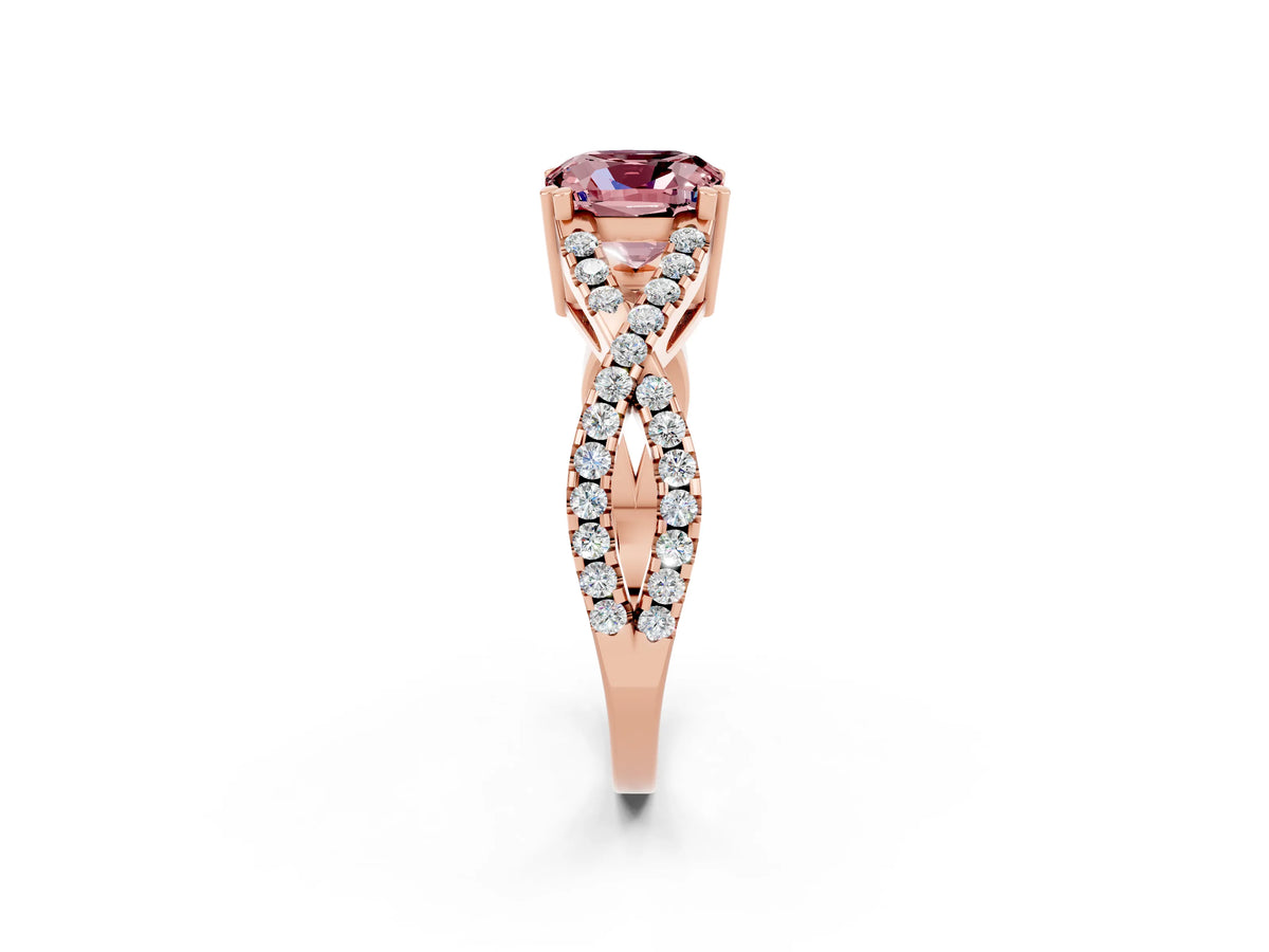 Cushion Cut Morganite Solitaire Ring in Rose gold with Interwoven Pavé Band and Prong Setting_2