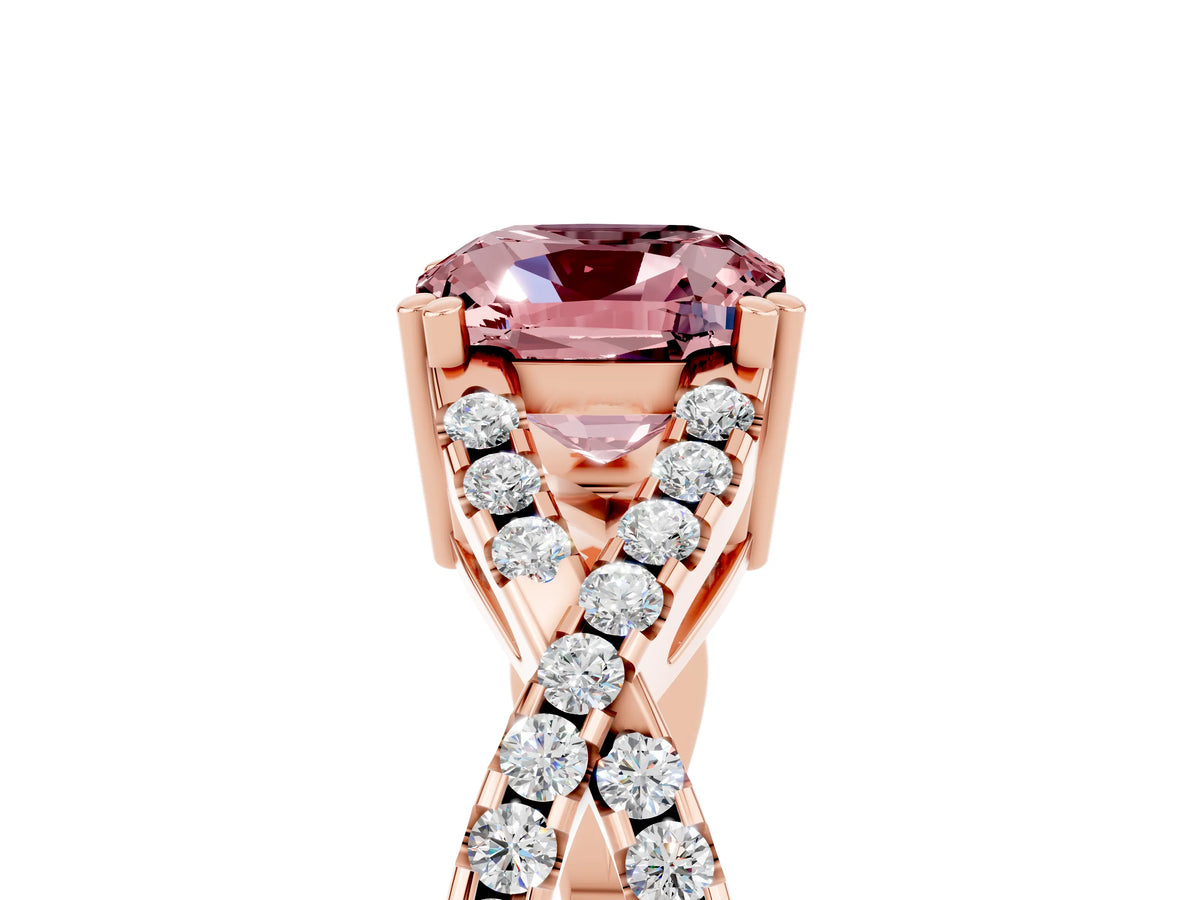 Cushion Cut Morganite Solitaire Ring in Rose gold with Interwoven Pavé Band and Prong Setting_5
