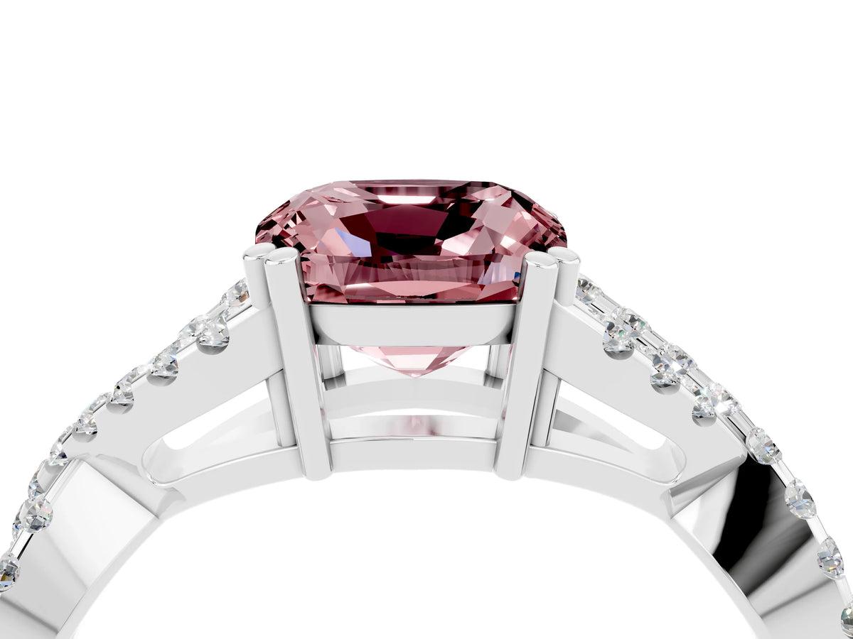 Cushion Cut Morganite Solitaire Ring in Silver with Interwoven Pavé Band and Prong Setting_10