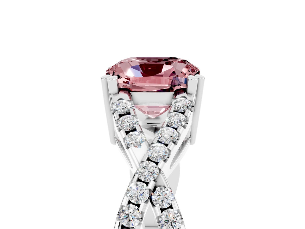 Cushion Cut Morganite Solitaire Ring in Silver with Interwoven Pavé Band and Prong Setting_11