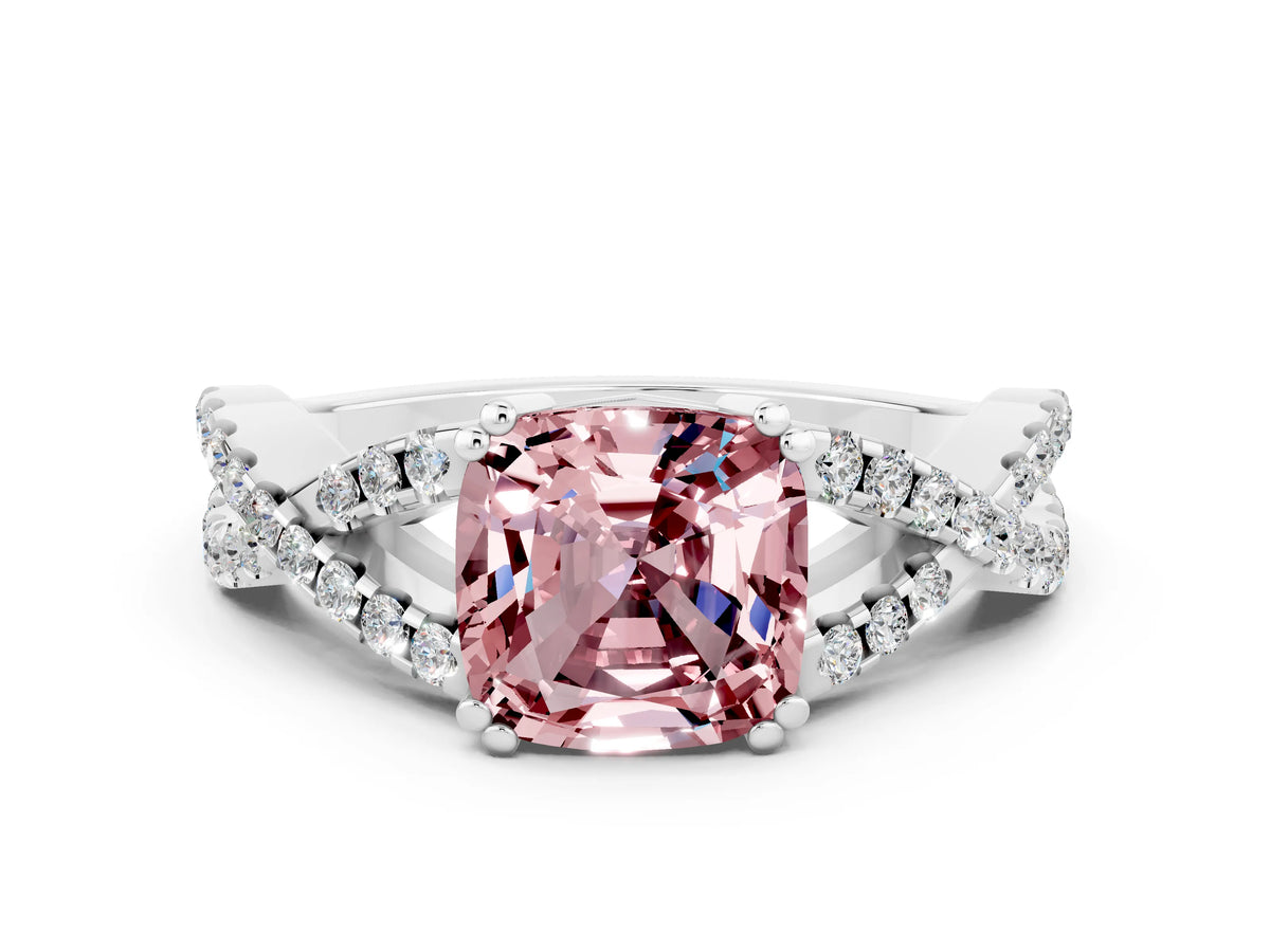 Cushion Cut Morganite Solitaire Ring in Silver with Interwoven Pavé Band and Prong Setting_6