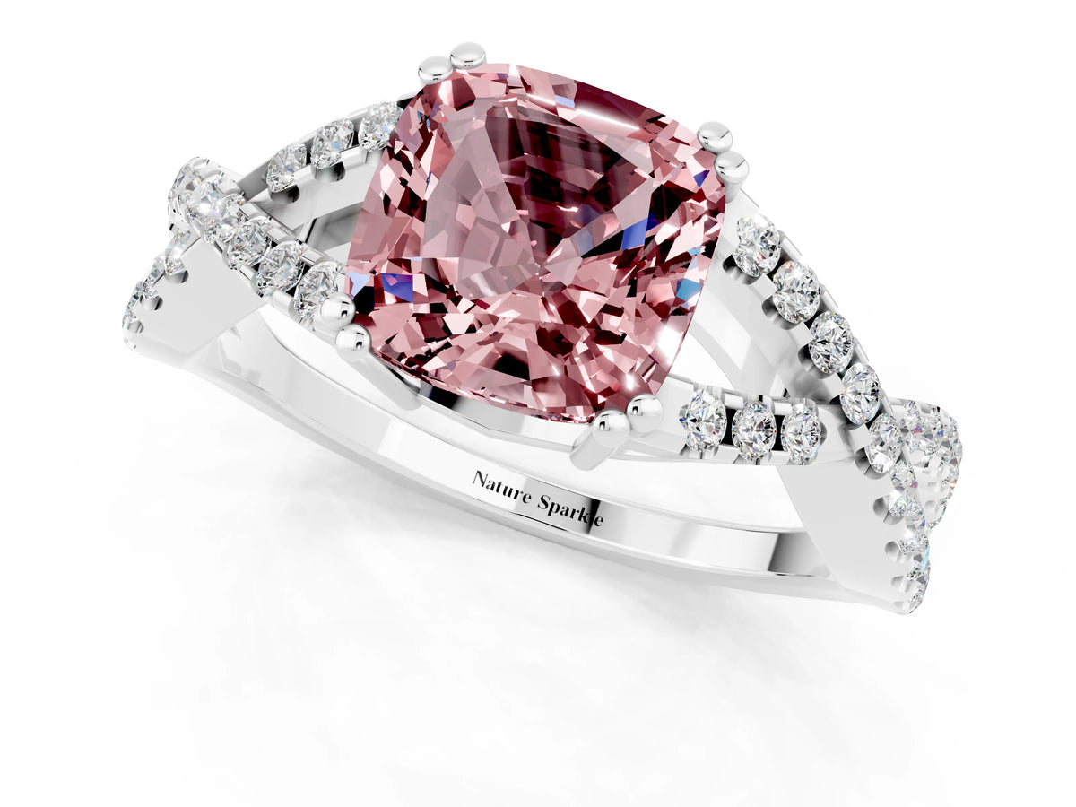 Cushion Cut Morganite Solitaire Ring in Silver with Interwoven Pavé Band and Prong Setting_7