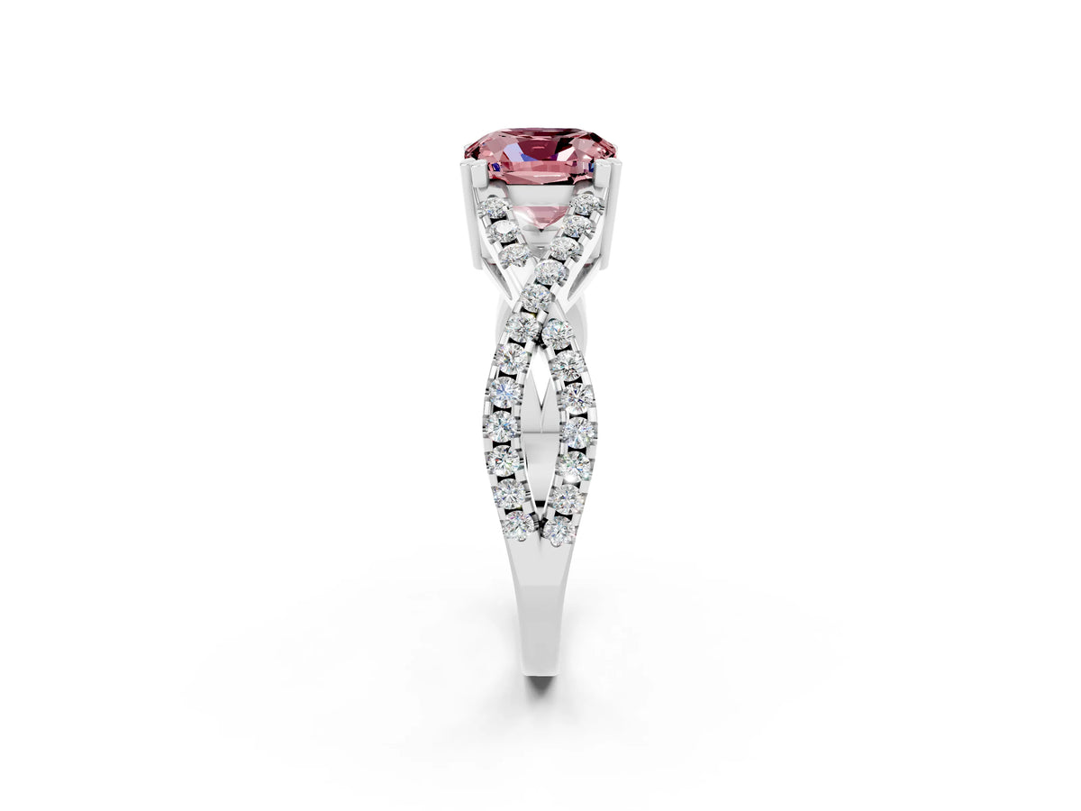 Cushion Cut Morganite Solitaire Ring in Silver with Interwoven Pavé Band and Prong Setting_8