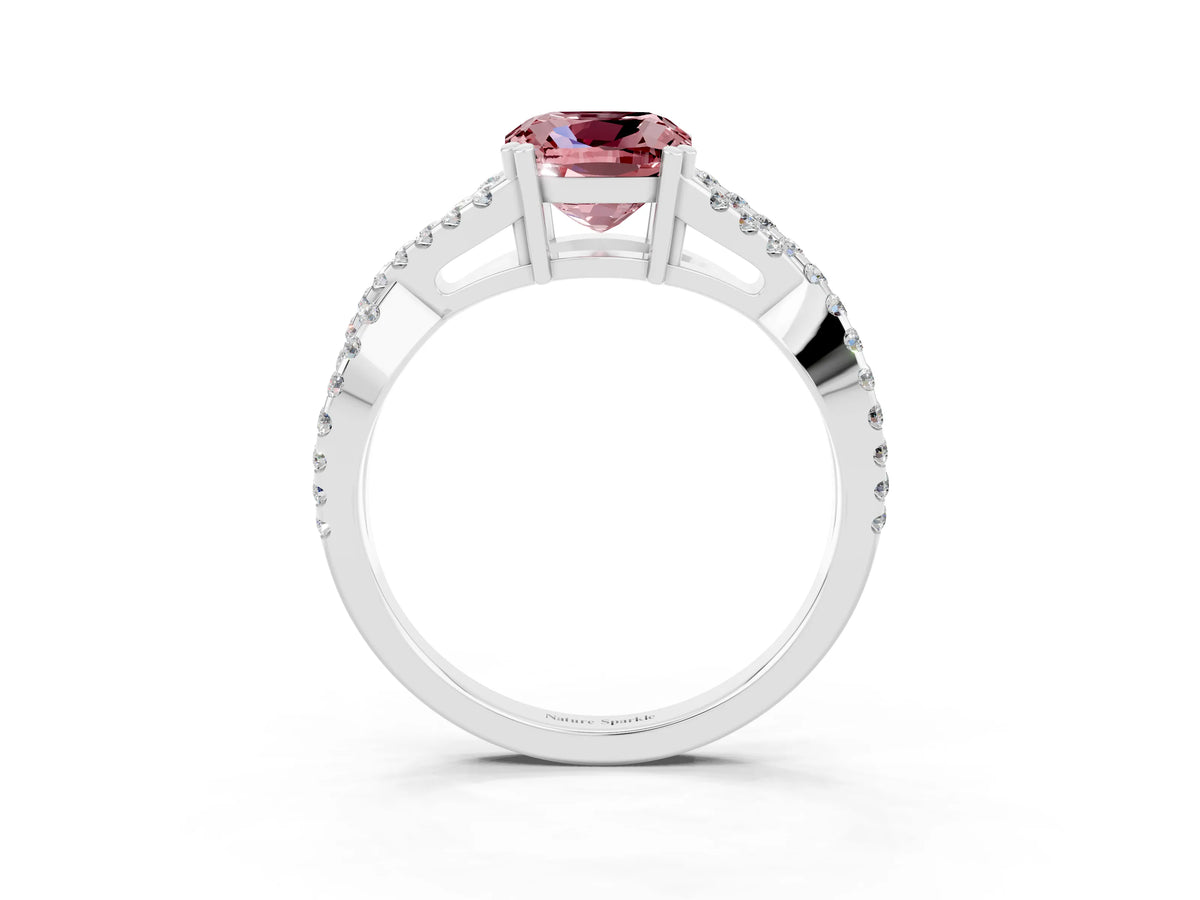 Cushion Cut Morganite Solitaire Ring in Silver with Interwoven Pavé Band and Prong Setting_9
