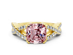 Cushion Cut Morganite Solitaire Ring in Yellow gold with Interwoven Pavé Band and Prong Setting