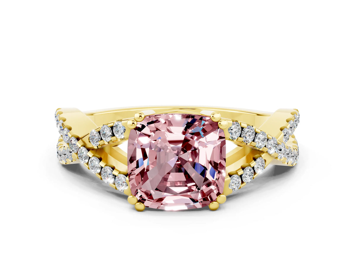 Cushion Cut Morganite Solitaire Ring in Yellow gold with Interwoven Pavé Band and Prong Setting