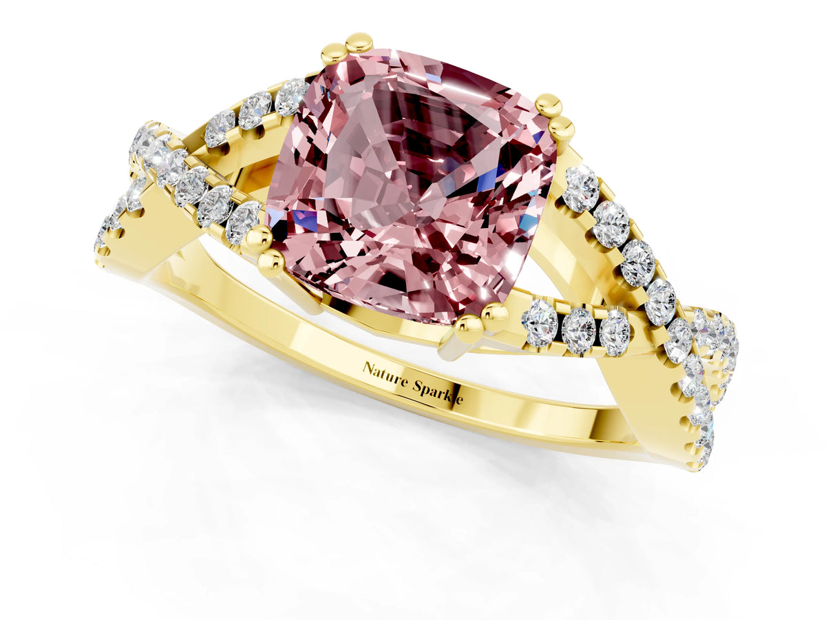 Cushion Cut Morganite Solitaire Ring in Yellow gold with Interwoven Pavé Band and Prong Setting_1