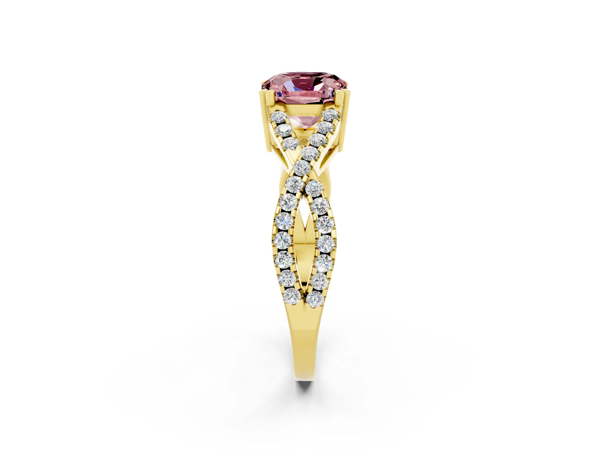 Cushion Cut Morganite Solitaire Ring in Yellow gold with Interwoven Pavé Band and Prong Setting_2