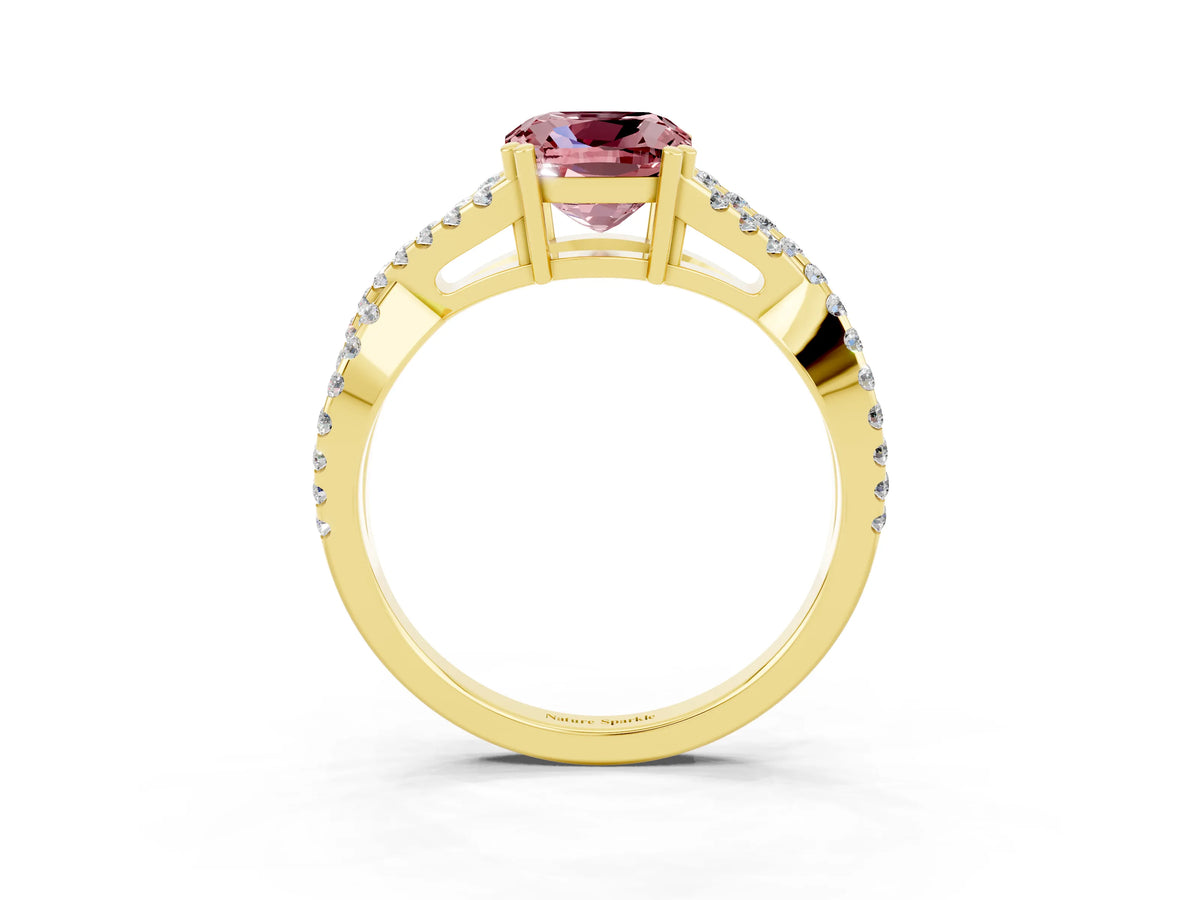 Cushion Cut Morganite Solitaire Ring in Yellow gold with Interwoven Pavé Band and Prong Setting_3