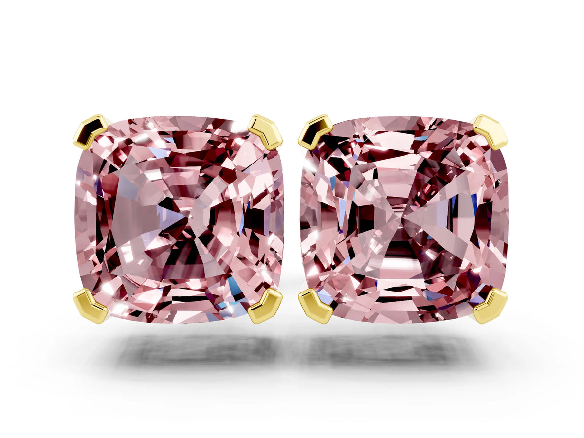 Cushion Cut Morganite Stud Earrings in Yellow gold with Basket Setting
