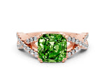 Cushion Cut Peridot Solitaire Ring in Rose gold with Interwoven Pavé Band and Prong Setting
