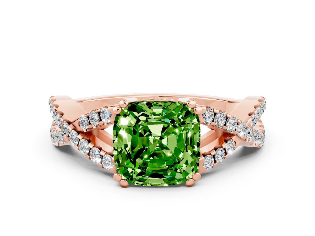 Cushion Cut Peridot Solitaire Ring in Rose gold with Interwoven Pavé Band and Prong Setting