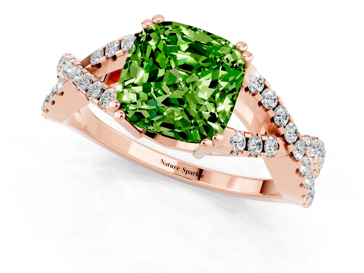 Cushion Cut Peridot Solitaire Ring in Rose gold with Interwoven Pavé Band and Prong Setting_1