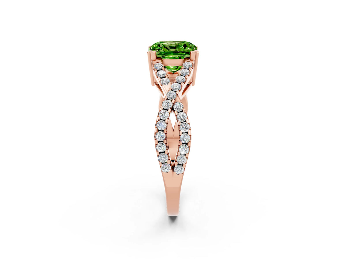 Cushion Cut Peridot Solitaire Ring in Rose gold with Interwoven Pavé Band and Prong Setting_2