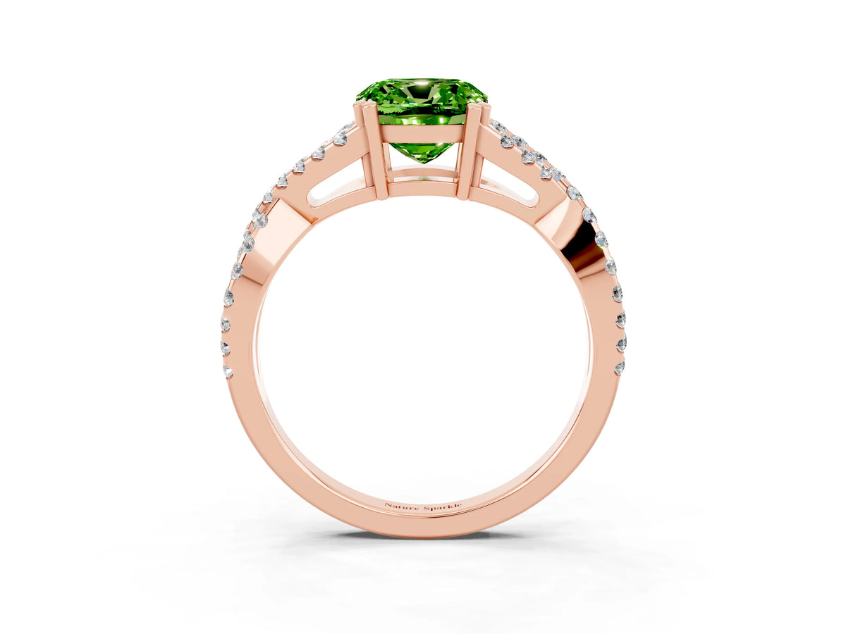 Cushion Cut Peridot Solitaire Ring in Rose gold with Interwoven Pavé Band and Prong Setting_3