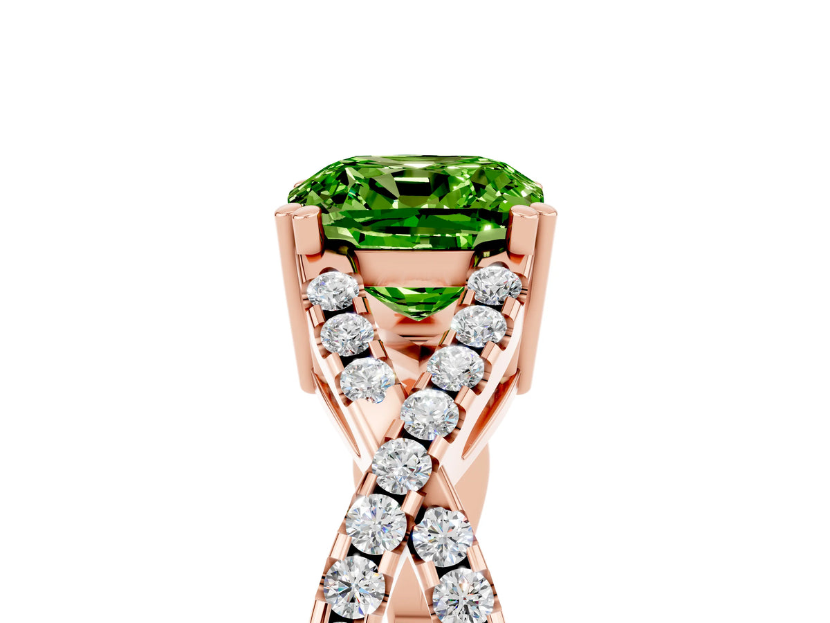 Cushion Cut Peridot Solitaire Ring in Rose gold with Interwoven Pavé Band and Prong Setting_5