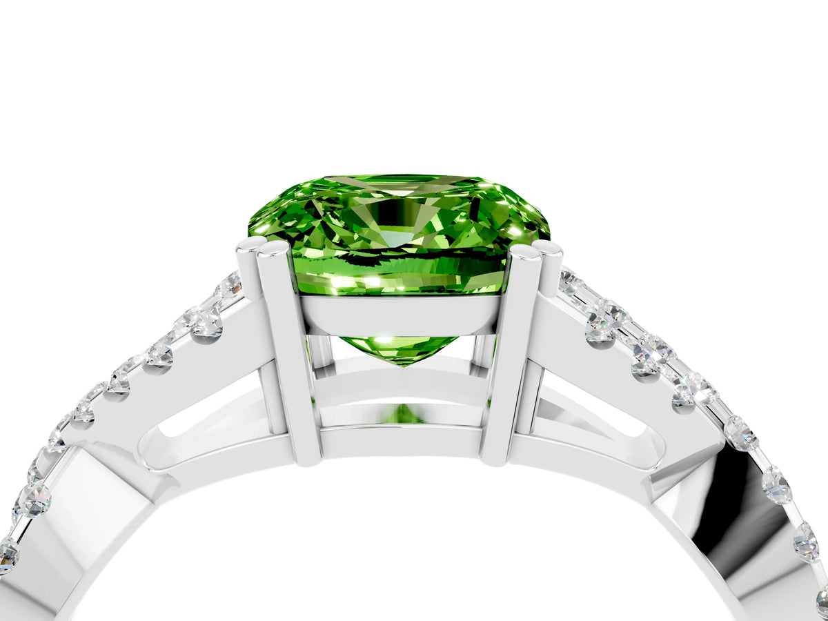 Cushion Cut Peridot Solitaire Ring in Silver with Interwoven Pavé Band and Prong Setting_10