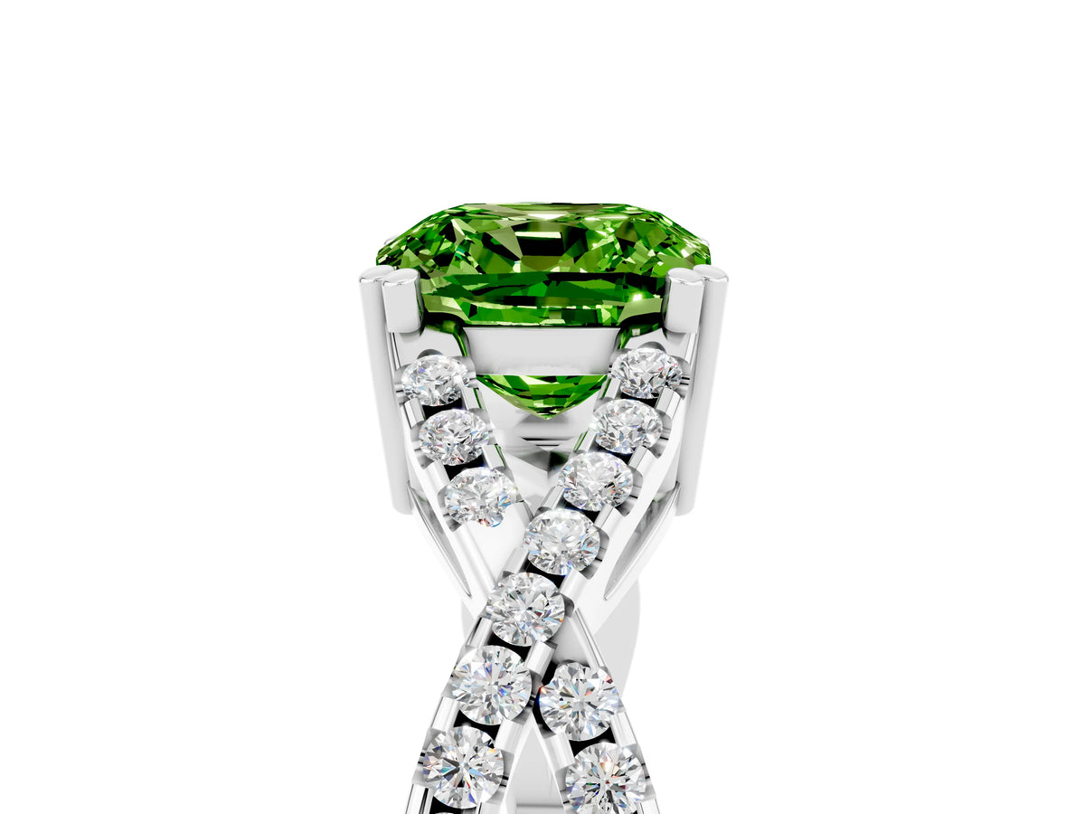 Cushion Cut Peridot Solitaire Ring in Silver with Interwoven Pavé Band and Prong Setting_11