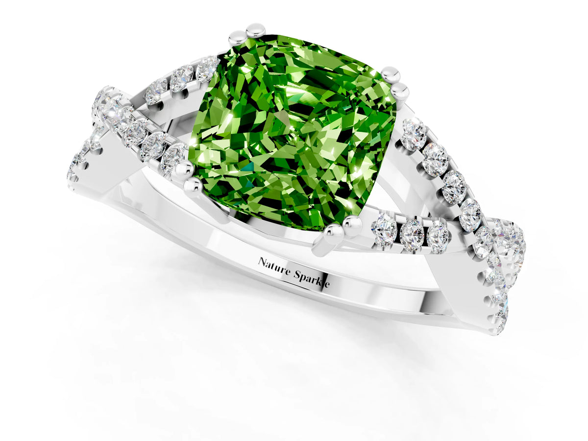 Cushion Cut Peridot Solitaire Ring in Silver with Interwoven Pavé Band and Prong Setting_7