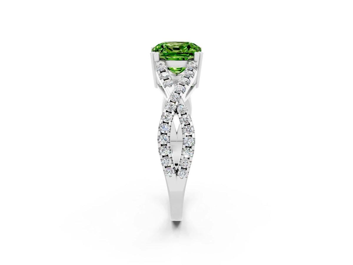 Cushion Cut Peridot Solitaire Ring in Silver with Interwoven Pavé Band and Prong Setting_8