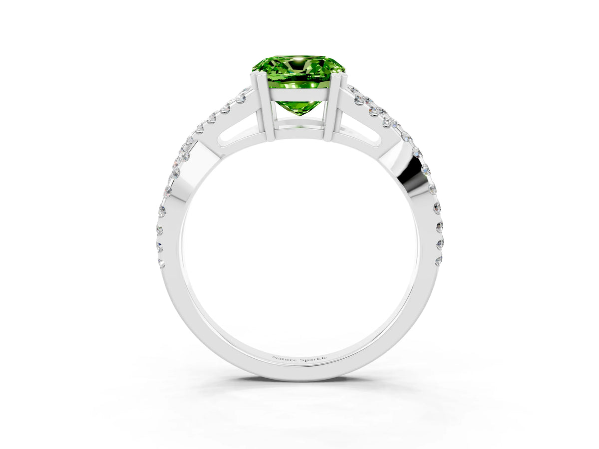 Cushion Cut Peridot Solitaire Ring in Silver with Interwoven Pavé Band and Prong Setting_9
