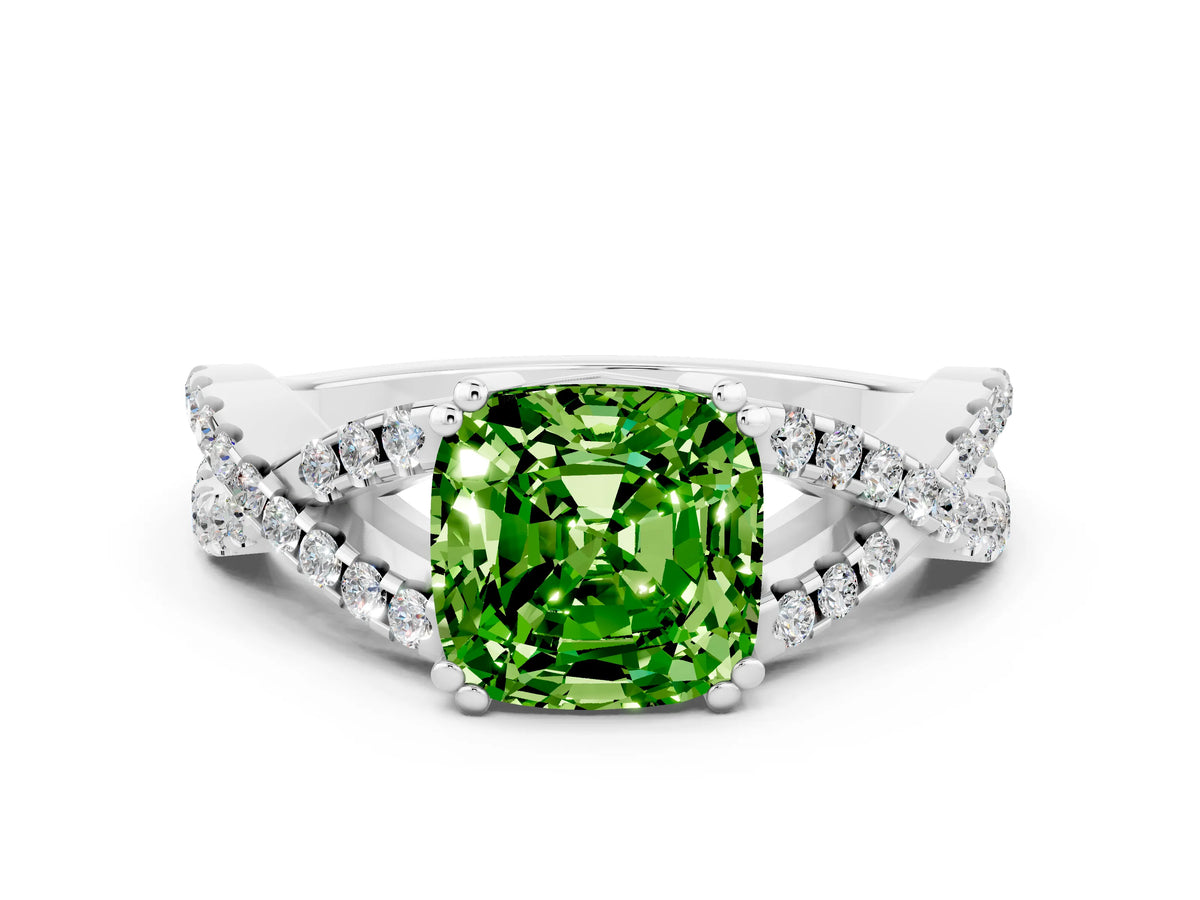 Cushion Cut Peridot Solitaire Ring in White gold with Interwoven Pavé Band and Prong Setting